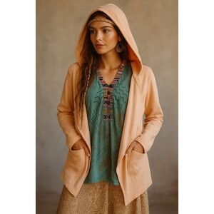 J Jill Womens Cardigan M Coral Open Front Tunic Sweater Pockets